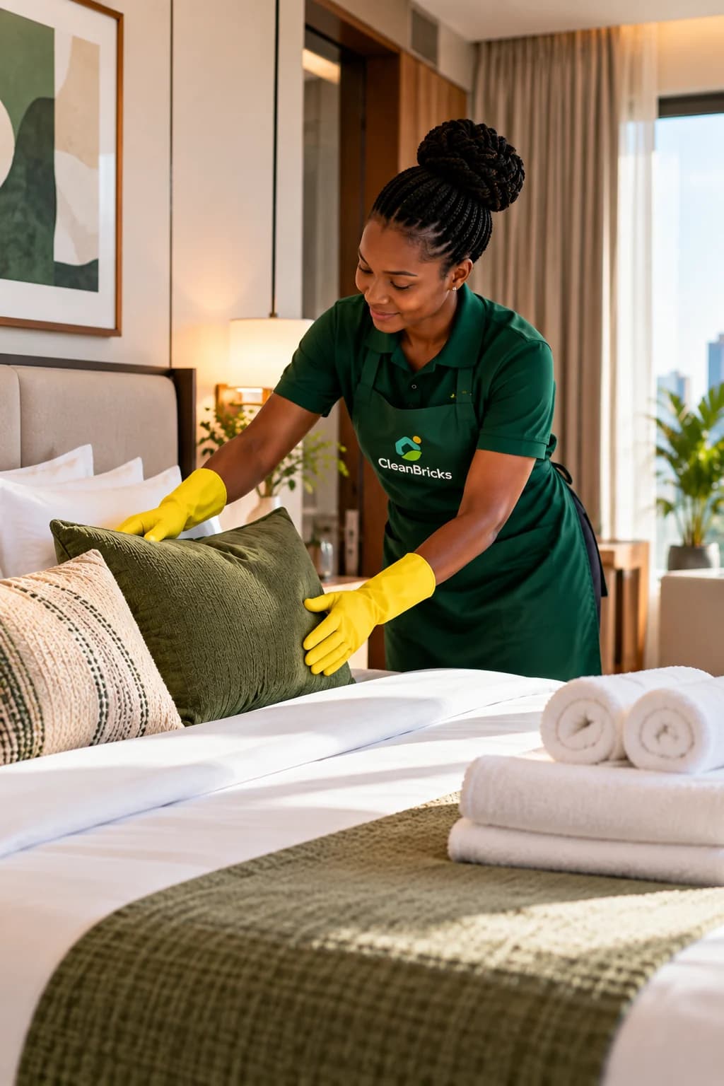 A CleanBricks cleaner smoothing fresh linen on a made bed