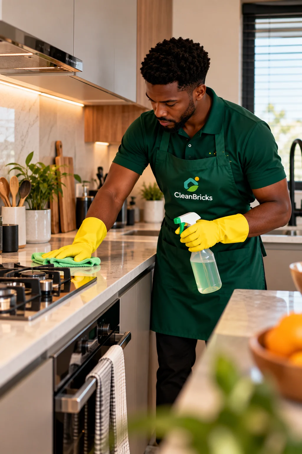 A CleanBricks cleaner cleaning around a kitchen hob