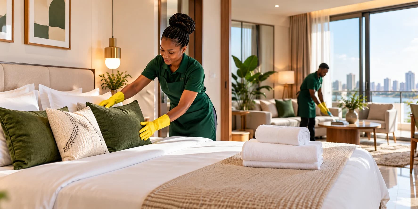 A CleanBricks cleaner making a bed in a light, airy bedroom