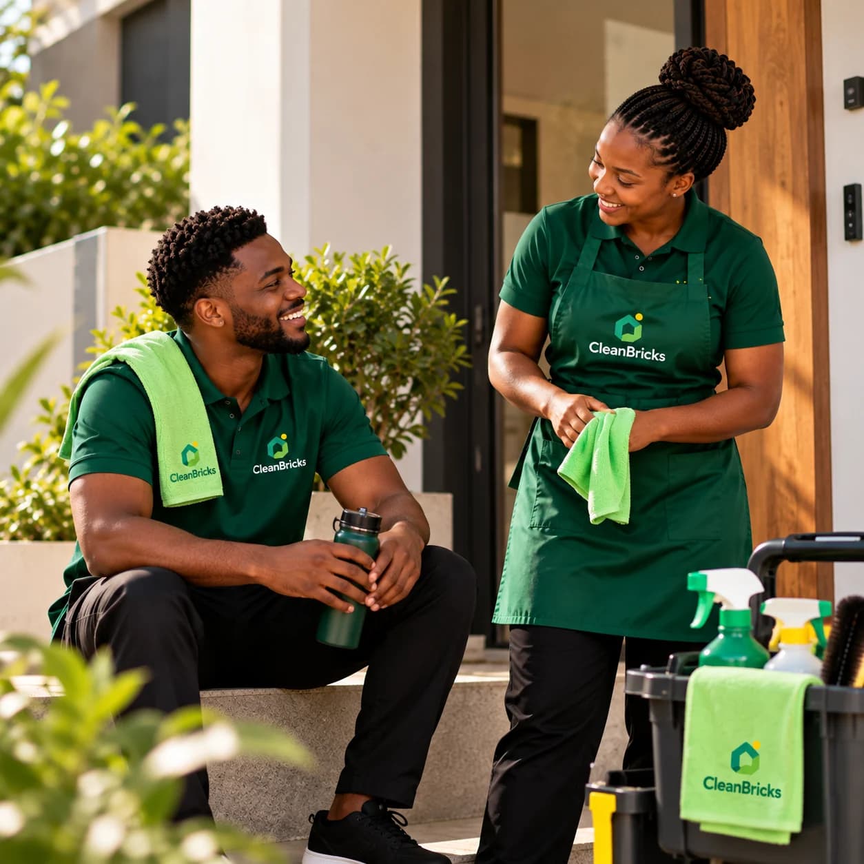 Two CleanBricks cleaners chatting between jobs