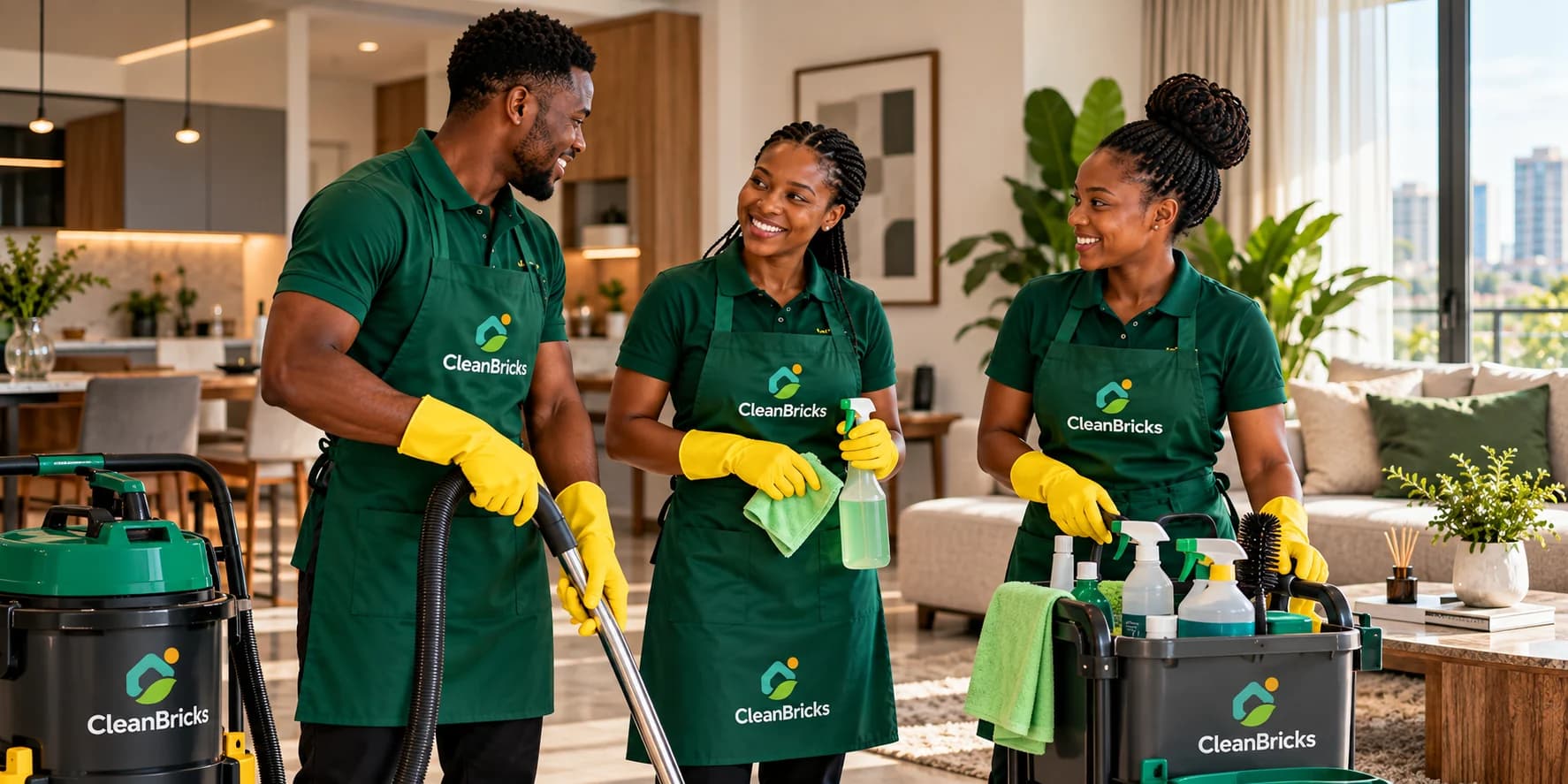 Three CleanBricks cleaners in an apartment living room